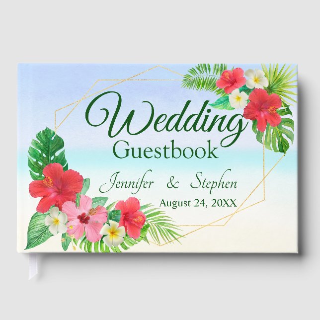 Tropical Floral Watercolor Gold Geometric Wedding Guest Book (Front)