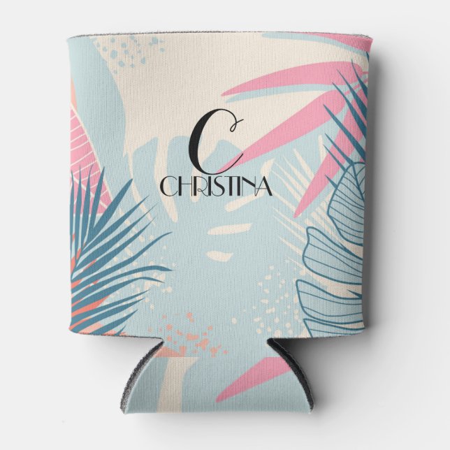 Tropical Floral Watercolor Monogram Can Cooler (Front)