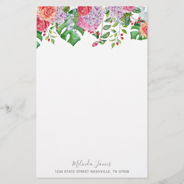 Tropical Floral Watercolor Personalised Stationery (Front)