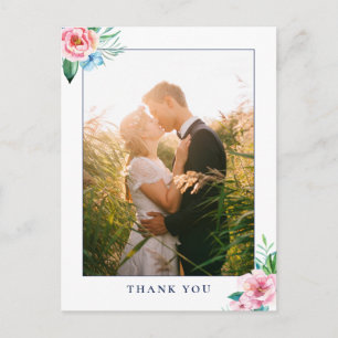 Tropical Floral Watercolor Wedding Photo Thank You Postcard
