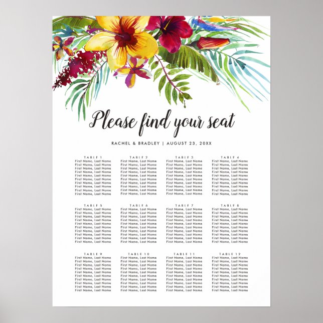 Tropical Floral Wedding 12 Table Seating Chart (Front)