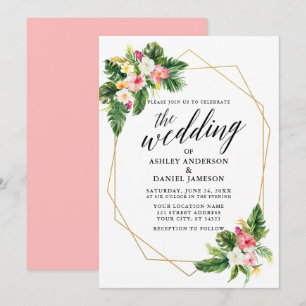 Tropical Floral Wedding Calligraphy Gold Frame Invitation