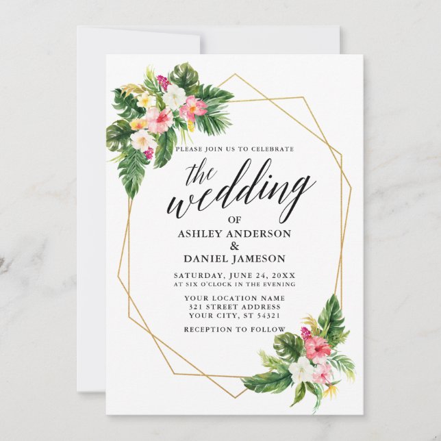 Tropical Floral Wedding Calligraphy Gold Geo Frame Invitation (Front)