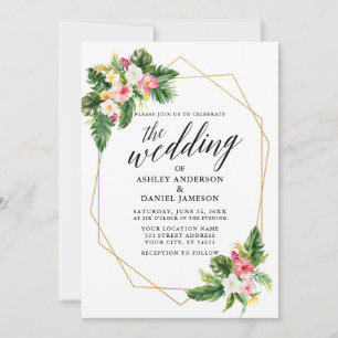 Tropical Floral Wedding Calligraphy Gold Geo Frame Invitation