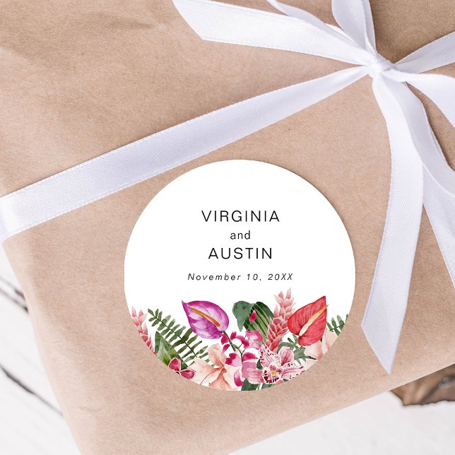 Tropical Floral Wedding Classic Round Sticker (Tropical Floral Wedding Classic Round Sticker by Painted Paperie
)