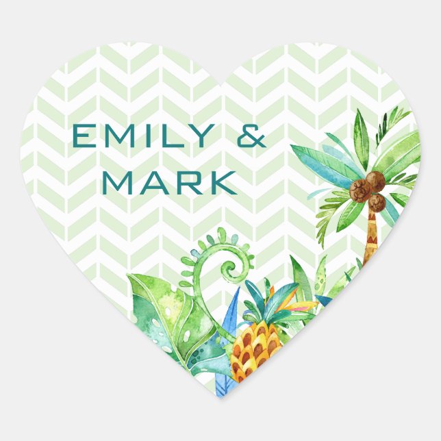 Tropical Floral Wedding Custom Heart Sticker (Front)
