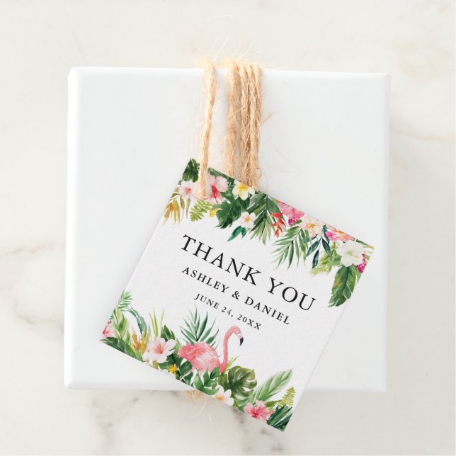Tropical Floral Wedding Flamingo Thank You Favour Tags (In Situ)