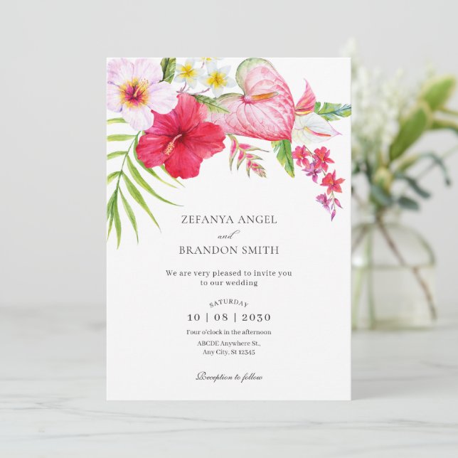 Tropical floral wedding invitation (Standing Front)