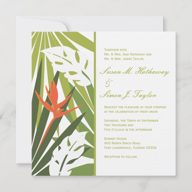 Tropical Floral Wedding Invitation - Green Orange (Front)