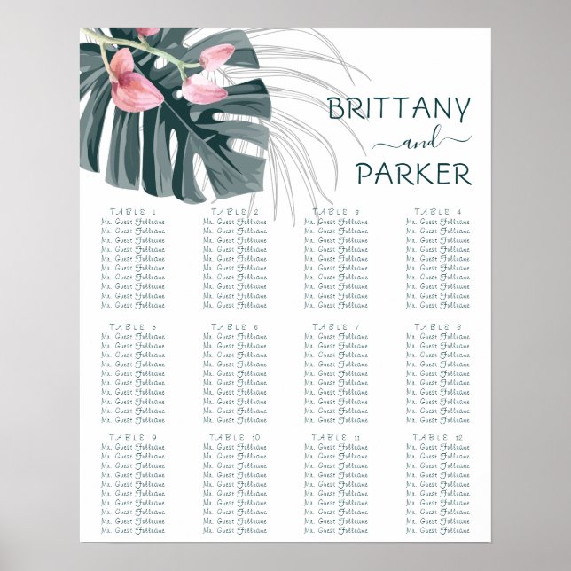 Tropical Floral Wedding Table Seating Poster (Front)