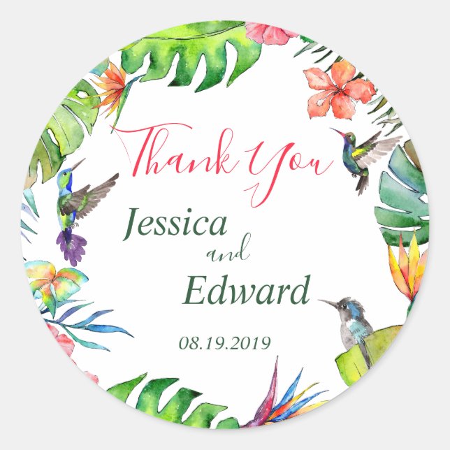 Tropical Floral Wedding Thank You Classic Round Sticker (Front)