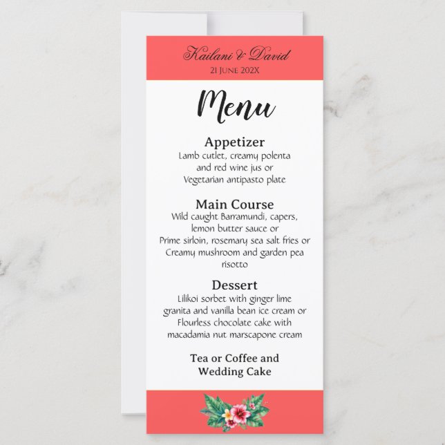 Tropical Floral wedding theme menu card (Front)
