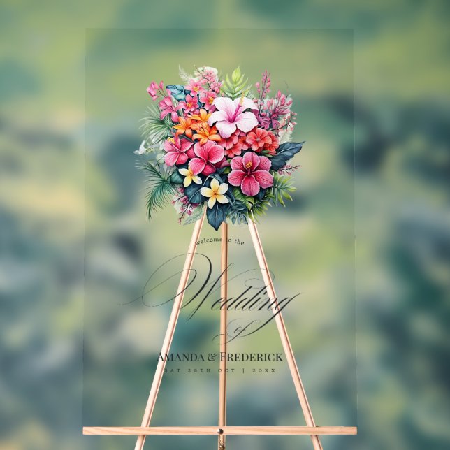 Tropical Floral Wedding Welcome Acrylic Sign (Neutral)