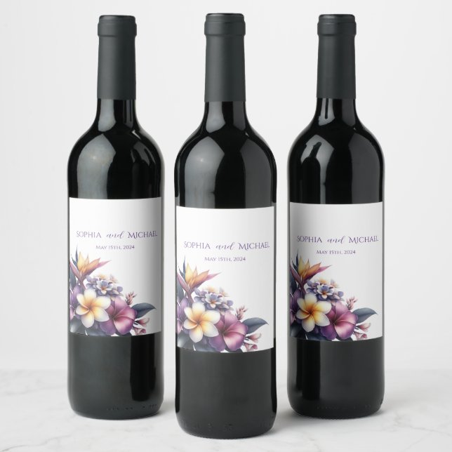 Tropical Floral-Wedding Wine Label (Bottles)