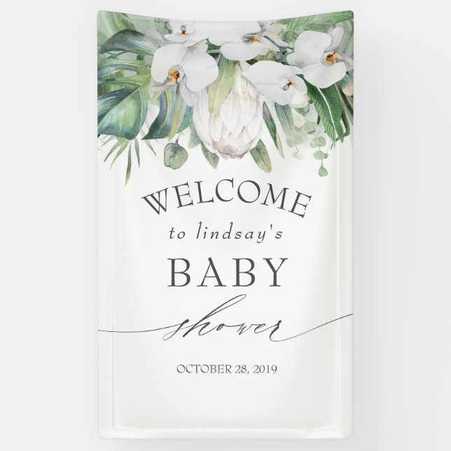 Tropical Floral White King Protea Baby Shower Banner (Vertical)