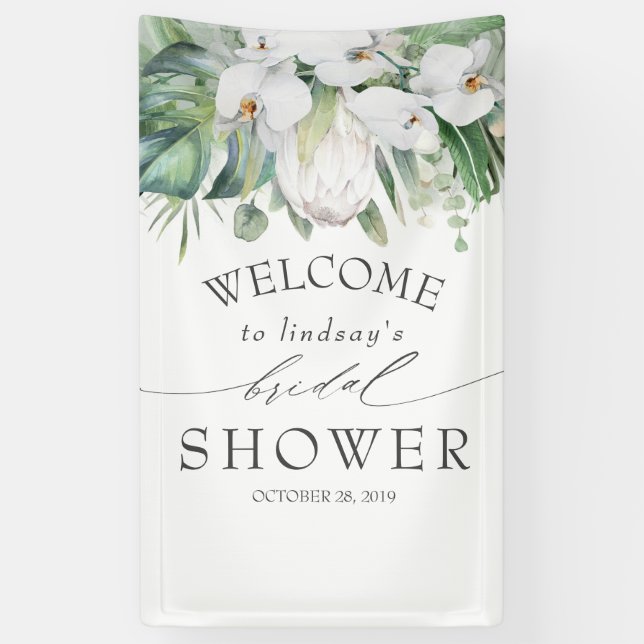 Tropical Floral White King Protea Bridal Shower Banner (Vertical)