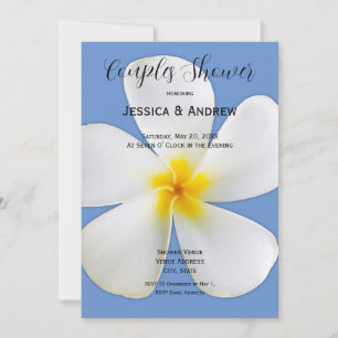 Tropical Floral, White Plumeria on Blue, Couples Invitation
