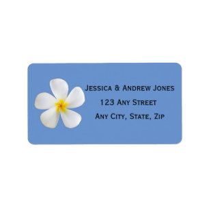 Tropical Floral, White Plumeria on Blue, Wedding Label