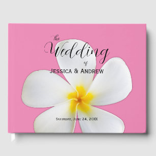 Tropical Floral, White Plumeria on Pink, Wedding Guest Book