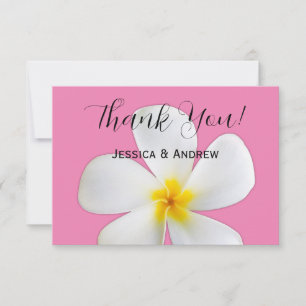 Tropical Floral, White Plumeria on Pink, Wedding Thank You Card