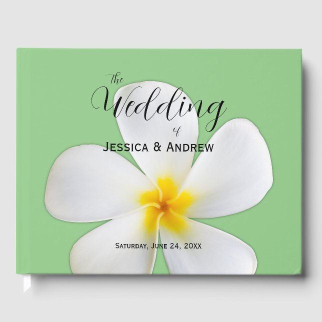 Tropical Floral, White Plumeria on Sage, Wedding Guest Book (Front)