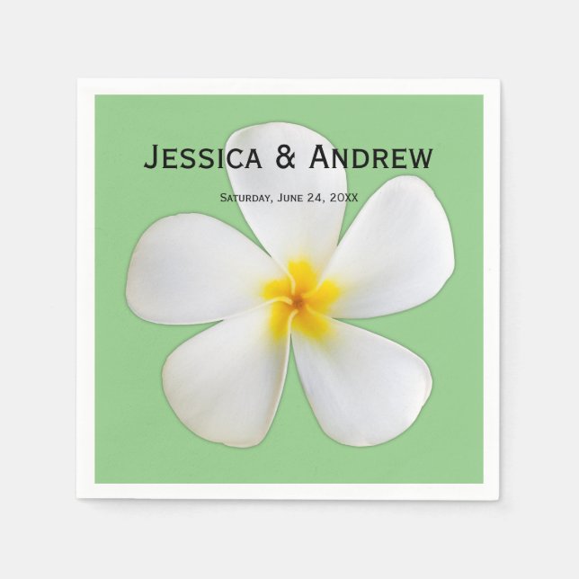 Tropical Floral, White Plumeria on Sage, Wedding Napkin (Front)