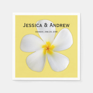 Tropical Floral, White Plumeria on Yellow, Wedding Napkin