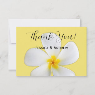 Tropical Floral, White Plumeria on Yellow, Wedding Thank You Card