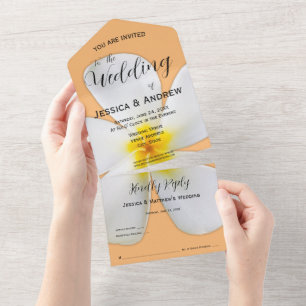 Tropical Floral, White Plumeria Orange, Wedding All In One Invitation