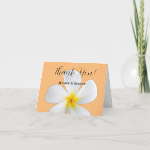 Tropical Floral, White Plumeria Orange, Wedding Thank You Card
