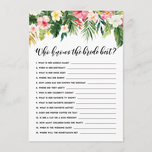 Tropical Floral Who Knows the Bride Best Game Enclosure Card (Front)