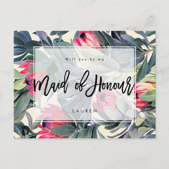 tropical floral will you be my maid of honour announcement postcard (Front)
