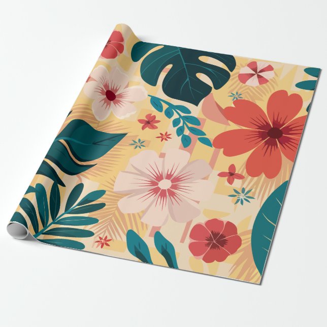 Tropical Floral with Bold Leaves and Flowers Wrapping Paper (Unrolled)