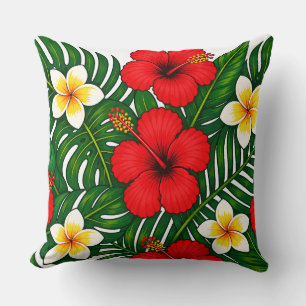 Tropical Floral with Hibiscus and Plumeria Cushion