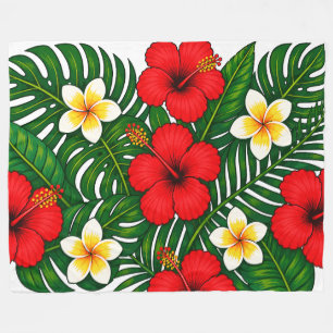 Tropical Floral with Hibiscus and Plumeria Fleece Blanket