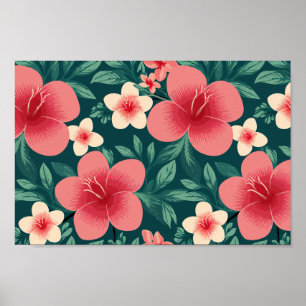 Tropical Floral with Red and Cream Hibiscus Poster