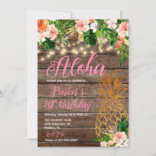 Tropical Floral Wood Aloha Pineapple Birthday Invitation (Front)