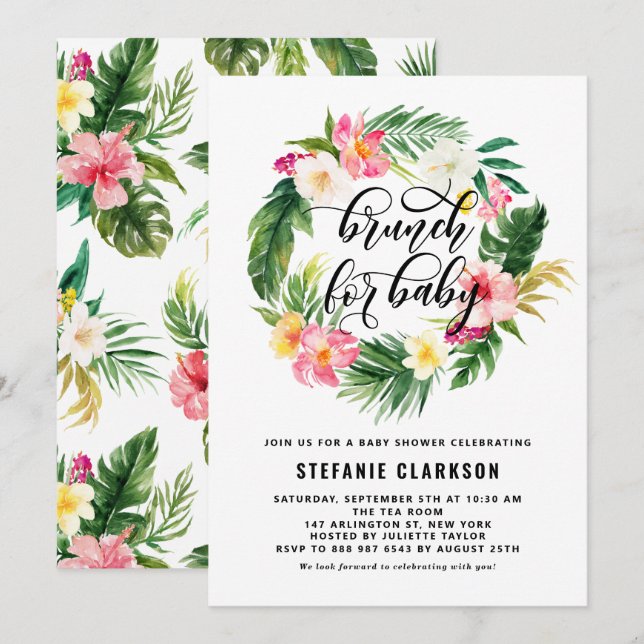 Tropical Floral Wreath Baby Shower Brunch Invitation (Front/Back)