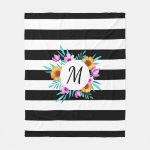 Tropical Floral Wreath Black Stripes Monogram Fleece Blanket