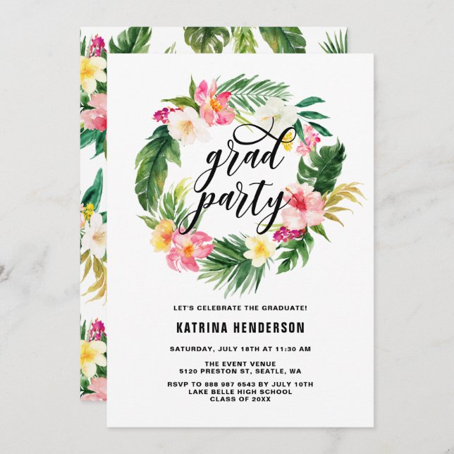 Tropical Floral Wreath Graduation Luau Party Invitation (Front/Back)