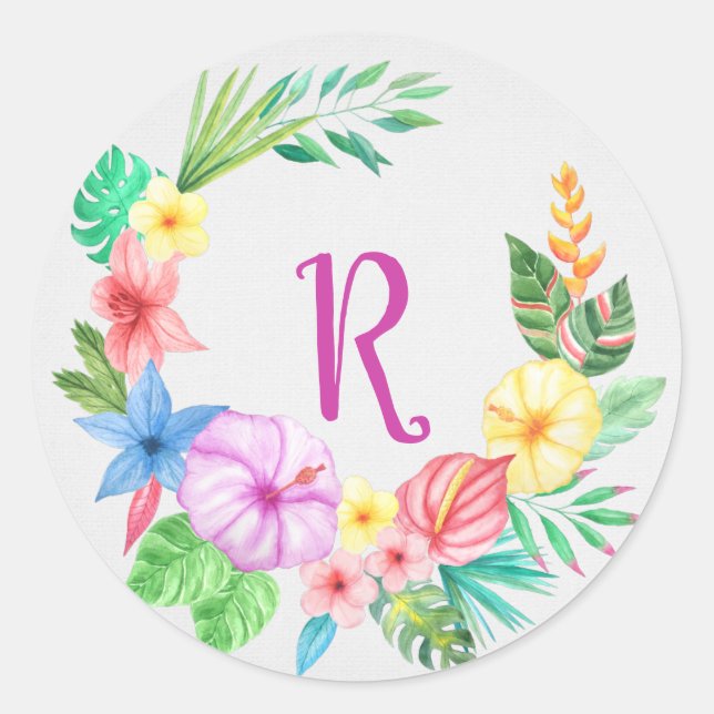 Tropical floral wreath monogrammed classic round sticker (Front)