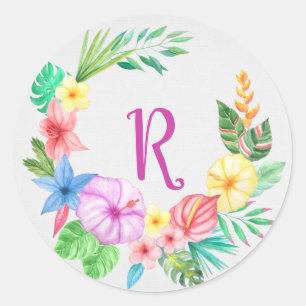 Tropical floral wreath monogrammed classic round sticker