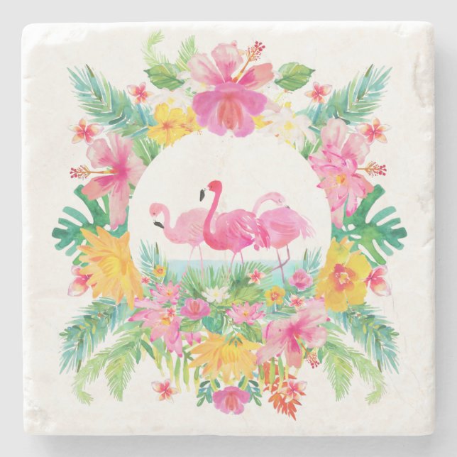 Tropical Floral Wreath & Pink Flamingos Stone Coaster (Front)