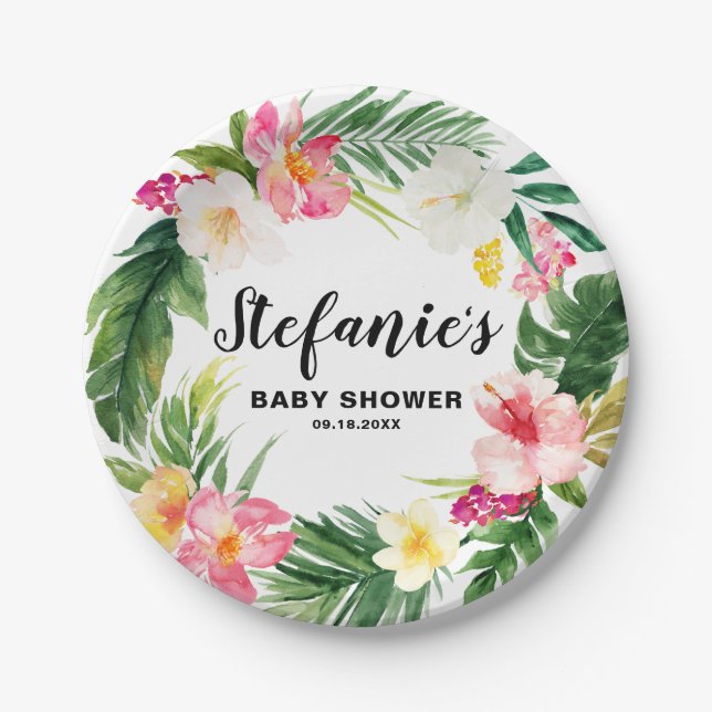 Tropical Floral Wreath Summer Baby Shower Paper Plate (Front)