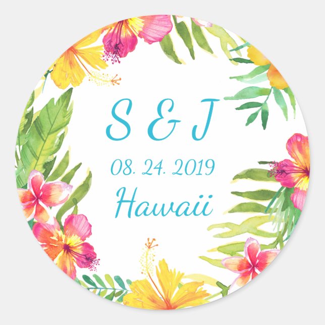 Tropical Floral Wreath Wedding Favour Sticker (Front)