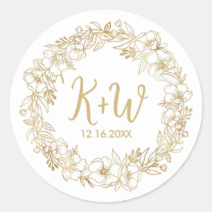 Tropical Floral Wreath Wedding Monogram Initials Classic Round Sticker