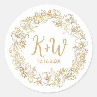 Tropical Floral Wreath Wedding Monogram Initials Classic Round Sticker