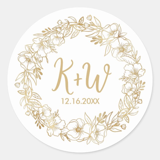 Tropical Floral Wreath Wedding Monogram Initials Classic Round Sticker (Front)