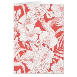 Tropical Florals and Hummingbird in coral and off