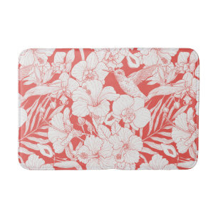 Tropical Florals and Hummingbird in coral and off Bath Mat